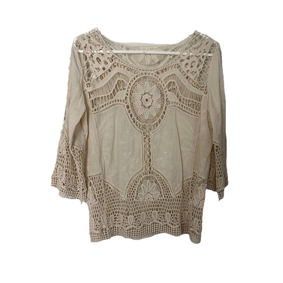 Hint of Mint Crochet Lace Top Womens Small Ivory Boho Long Sleeve Lace - Picture 2 of 9
